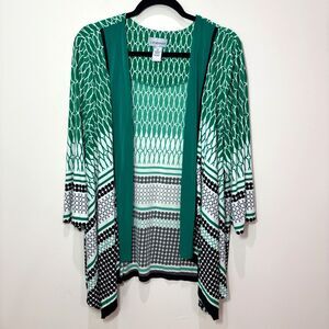 Catherines Slinky Open Front Cardigan Women 2X Green Black Jersey Knit Waterfall